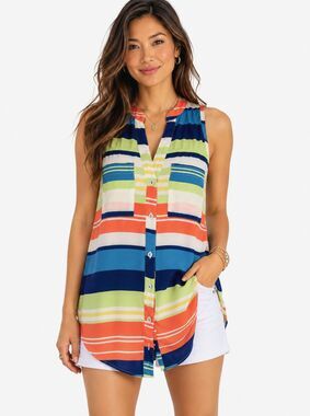 Maeve Multicolor Striped Sleeveless Button Front Tunic Tank Top Blouse Pockets 4